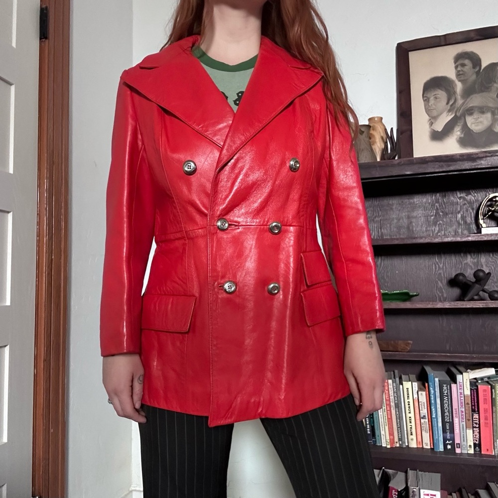 Vintage Fine Leather Blazer Jacket Womens Size L Oxblood Red Double Breasted 70s